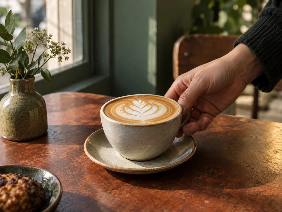 A freshly made flat white being set on a café table beside a window.